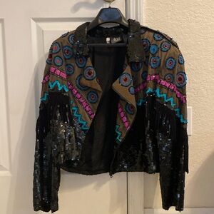 Vintage Southwestern Fringe and Sequins Zipper Jacket
